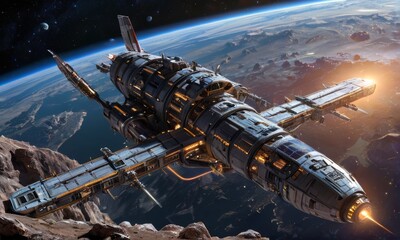 Obraz premium Sci-Fi Spaceship Flying Over Alien Planet Landscape