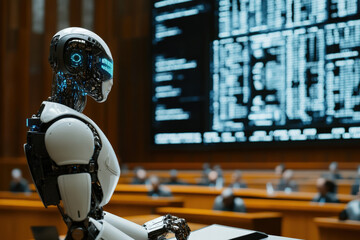 Fototapeta premium Ai humanoid robot is speaking at a government hearing about the ethics and regulation of artificial intelligence