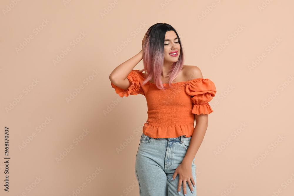 Poster Portrait of beautiful young woman in wig on beige background