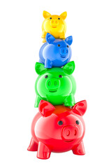 Stack from colored Piggy Banks. Financial pyramid, concept. 3D rendering isolated on transparent background