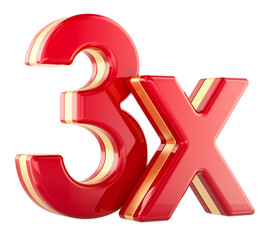3X red inscription, 3D illustration isolated on transparent background