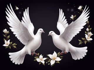 Fototapeta premium Two white doves of peace on a dark background. Realistic art. Peace antiwar symbol illustration. International Peace Day banner card design