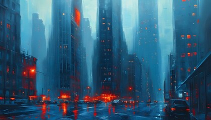 Mystical Cityscape: Impressionist Buildings Glowing in Ethereal Blue and Red Hues