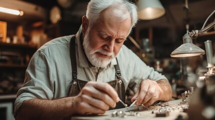 Elderly craftsman carefully repairs intricate watch components in a dimly lit workshop