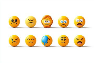 Collection of flat-style emoji faces depicting sadness, from a single tear to full-on crying, with smooth, simple lines and soothing color palettes