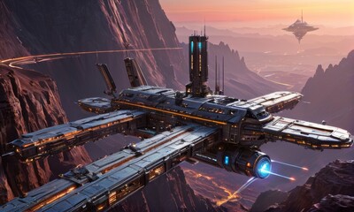 Sci-Fi Spaceship Flying Over Alien Planet Landscape