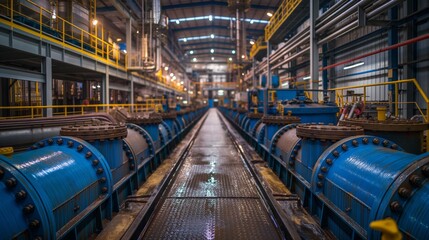 Naklejka premium Interior of a modern industrial plant with large blue pipes and metal structures, showcasing complex machinery.