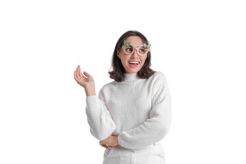 Young woman in decorative eyeglasses on white background