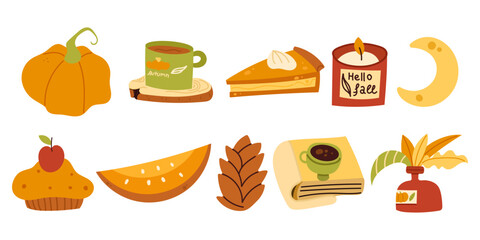 Autumn elements set, cute hand drawn seasonal objects. Vector illustration in flat style