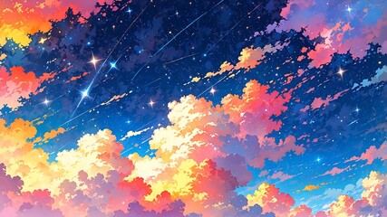 Anime-Style Dreamy Night Sky with Shooting Stars and Colorful Clouds