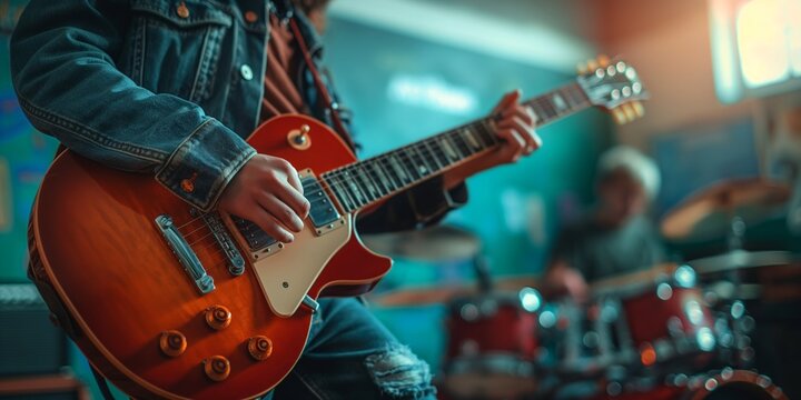 A guitarist and drummer performing in a vibrant band setting.