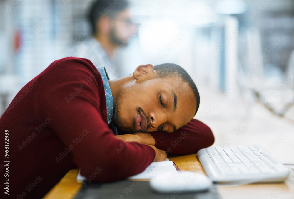 Poster Man, university student and sleeping on desk at library with burnout or tired with research for assignment deadline. Male person, college learner and exhausted with studying for exams or assessment