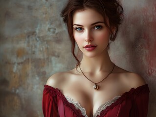 Eastern European woman in a classic red dress with a decollete