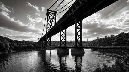 Generative AI, A dramatic sunset over a river, highlighting the silhouette of multiple arched bridges against the sky, with reflections on the water creating a powerful and serene scene in a black-and