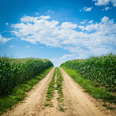 Obraz premium Dirt road through maize green field under blue sky
