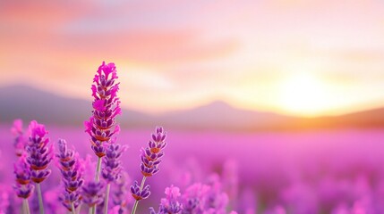 Blooming lavender field at sunrise with vibrant colors and soft morning light. Perfect for nature-themed marketing, floral decor, or travel promotions with ample copyspace for text or branding.

