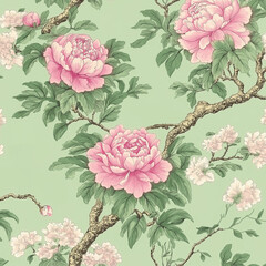 Chinoiserie wallpaper pattern featuring a seamless design of intricate pink peonies and white blossoms on intertwining branches against a soft green background, vintage and elegant floral pattern