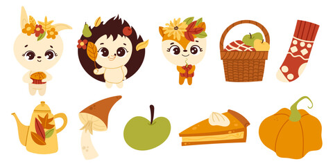 Autumn elements set, cute hand drawn seasonal objects and characters. Vector illustration in flat style