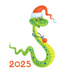 Funny green snake - symbol of chinese New Year in a Santa hat. Greeting cartoon card 2025.  Isolated on white background. Vector flat illustration. 