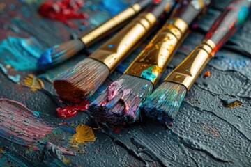 Fototapeta premium Many paint brushes that are laying on a table