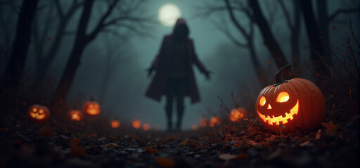 A mysterious figure in a hooded cloak walks through a foggy forest with glowing jack-o'-lanterns during Halloween night