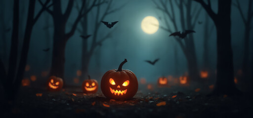 Fototapeta premium Spooky Halloween night with glowing jack-o'-lanterns in a dark forest under full moonlight