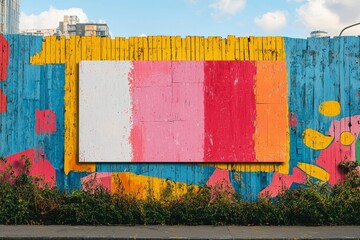 Obraz premium Colorful Wooden Fence with Blank Billboard and Overgrown Foliage