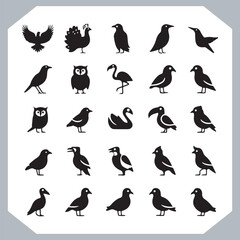 Set of black bird silhouettes and birds collection, bird set design. Eagle, Parrot, Penguin, Owl, Sparrow, Peacock, Flamingo, Hummingbird, Ostrich, Hawk.