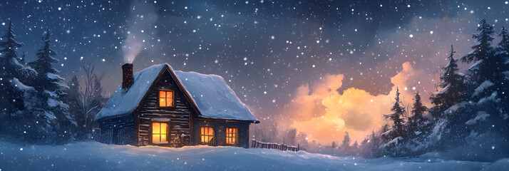 Naklejka premium Manga Style Cozy Winter House – Christmas Scene in Anime Vibes