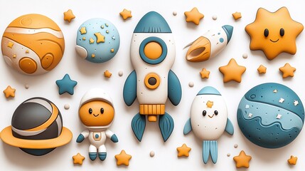 Cute space-themed illustration with rockets, planets, astronauts, and stars in a playful design. Perfect for children's room decor, educational projects, or space-themed marketing with copyspace 