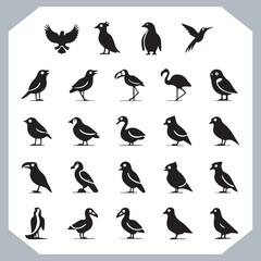 Set of black bird silhouettes and birds collection, bird set design. Eagle, Parrot, Penguin, Owl, Sparrow, Peacock, Flamingo, Hummingbird, Ostrich, Hawk.