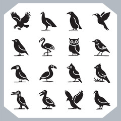 Obraz premium Set of black bird silhouettes and birds collection, bird set design. Eagle, Parrot, Penguin, Owl, Sparrow, Peacock, Flamingo, Hummingbird, Ostrich, Hawk.