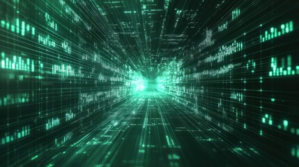 Obraz premium Abstract Digital Tunnel with Green Glowing Lines