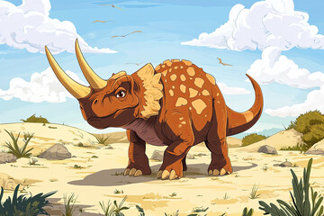 Fototapeta premium A cartoon style illustration of Pachyrhinosaurus in desert landscape
