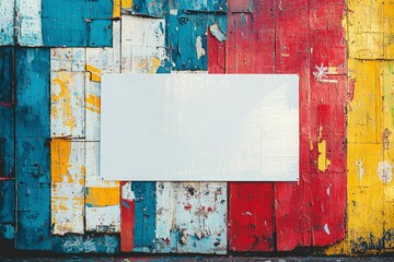 Blank White Sign on a Colorful, Distressed Wooden Wall