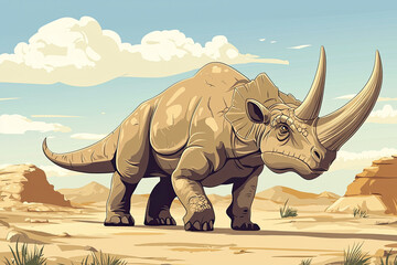 Fototapeta premium A cartoon style illustration of Pachyrhinosaurus in desert landscape