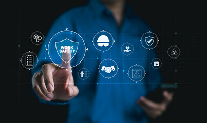 Work Safety and Compliance Concept, Safety First, A person with work safety and compliance icons,...