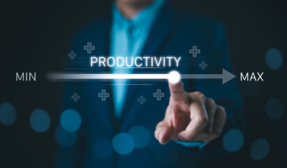 Increasing Productivity and Efficiency Concept. Businessman adjusting virtual slider from min to...