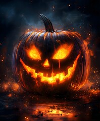Glowing Jack-O'-Lantern with Fiery Eyes - Spooky Halloween Pumpkin in Dark Mystical Atmosphere, Perfect for Halloween Themes Background, Decorations, and Fall Festivities