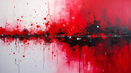 Abstract Painting with Red and White Splatters and Black Streak