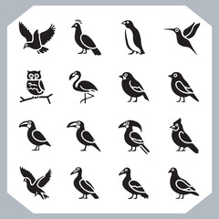 Set of black bird silhouettes and birds collection, bird set design. Eagle, Parrot, Penguin, Owl, Sparrow, Peacock, Flamingo, Hummingbird, Ostrich, Hawk.
