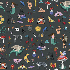 Mystical tale halloween illustrations seamless pattern.