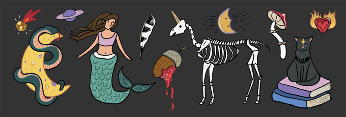 Mystical tale halloween illustrations set.