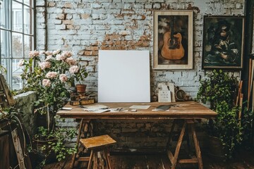Rustic Interior with Exposed Brick Wall, Wooden Table, and Plants