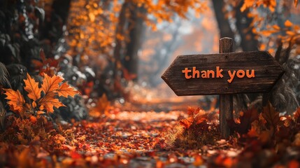 A cozy autumn pathway lined with vibrant fallen leaves, featuring a wooden sign that says thank you
