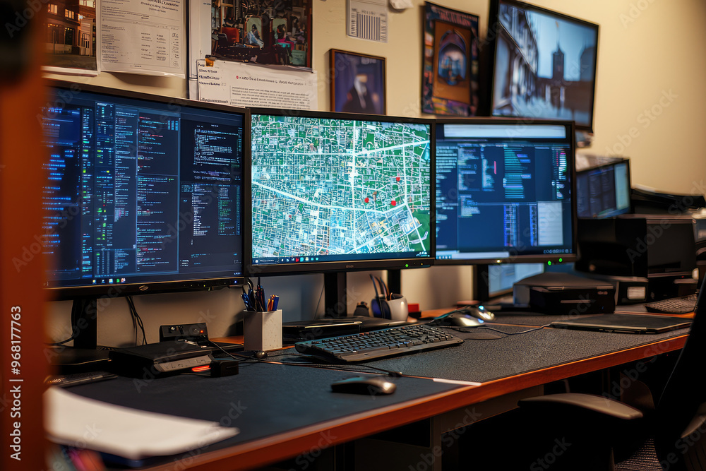 Poster a modern computer setup in government office featuring multiple monitors displaying data and maps