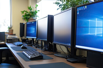 Fototapeta premium A close up of government offices computer setup featuring multiple monitors