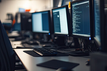 A close up of government offices computer setup showcasing multiple monitors and keyboards