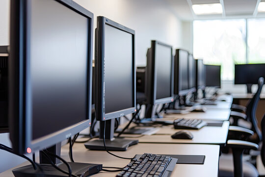 A close up of government offices computer setup showcasing multiple monitors