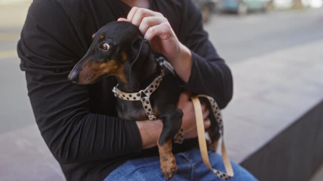 A man sitting outdoors in an urban setting gently pets his dachshund in his lap, capturing a moment of companionship on a city street.